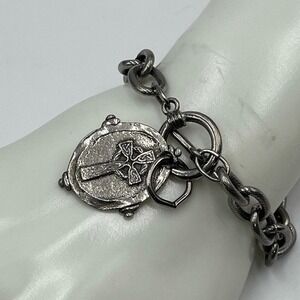 Susan Shaw Signed Silver Tone Chunky Cable Celtic
Cross Coin Toggle Bracelet